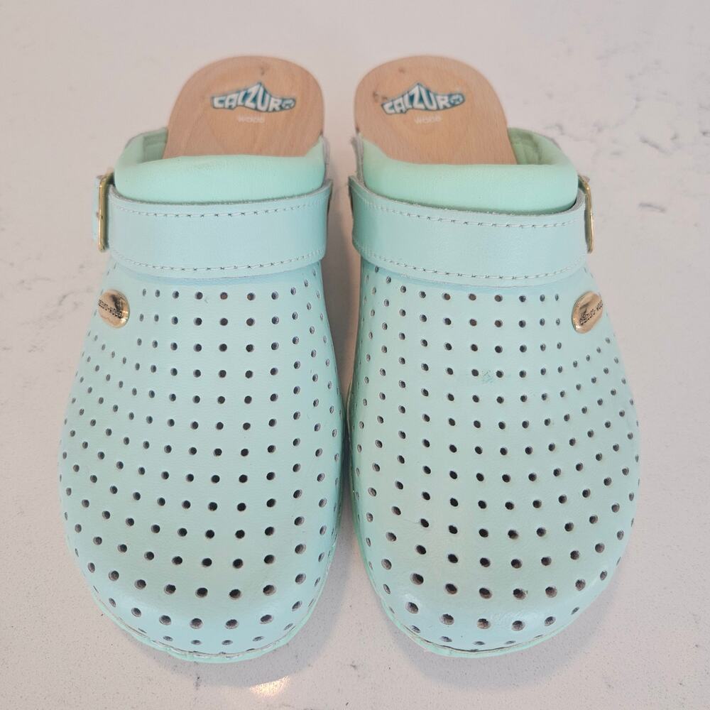 Calzuro Wood Clogs Light Aqua Green Perforated Leather Size 36 US 6.5-7